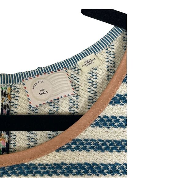 Anthropologie Women’s Tunic S Beige Blue Stripe Short Sleeve Scoop Neck - Picture 5 of 9